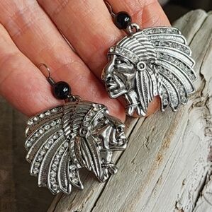 SALE Earrings Natural Black Onyx Stone Human Face American Indians Chif Silver